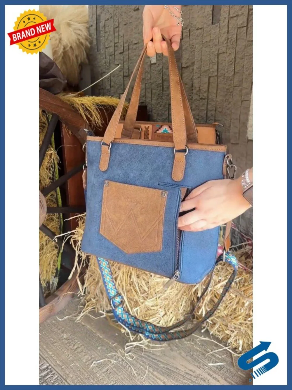 Faux Leather Western Tote Bag with Aztec Print Crossbody Strap